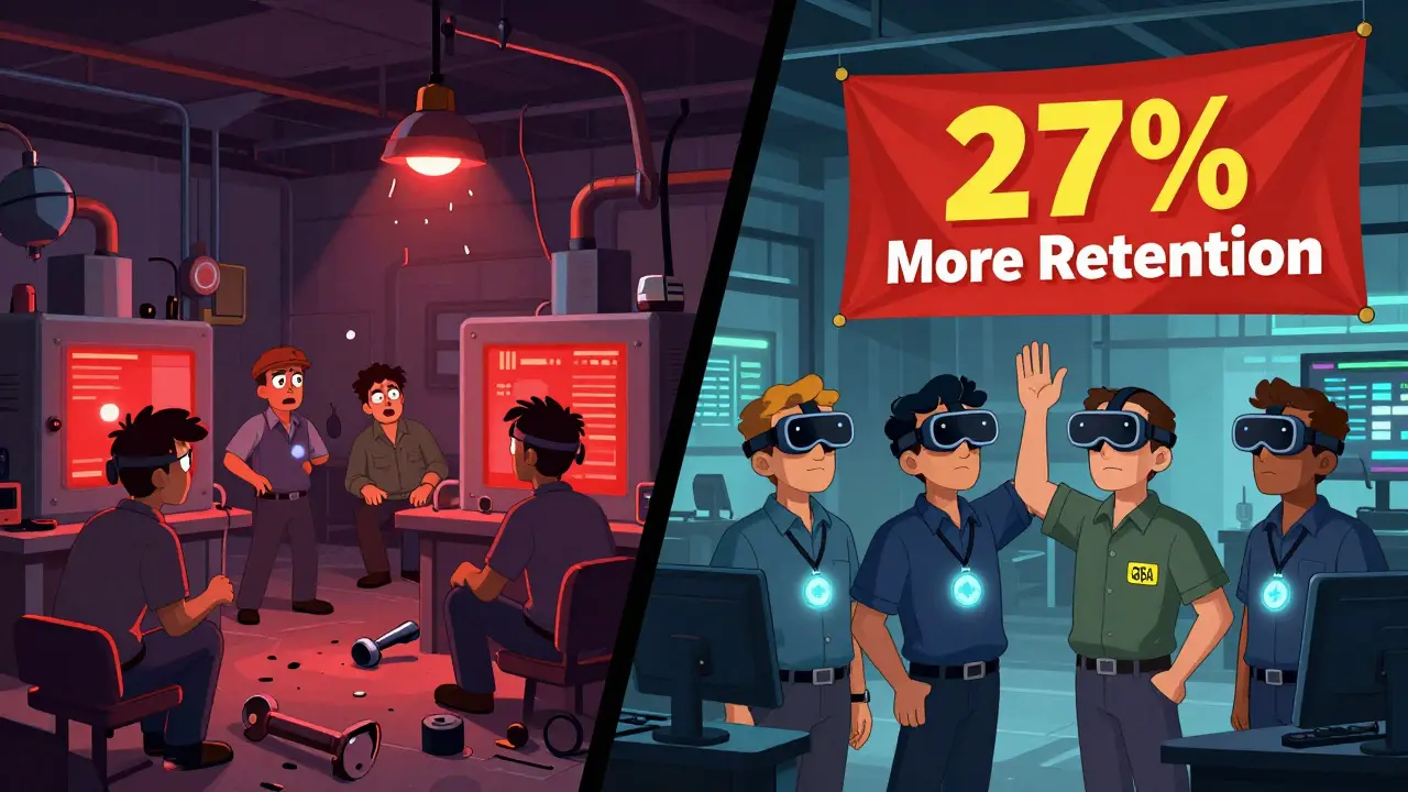 Split panel: chaotic factory vs. organized, tech-enabled shop floor with workers using AR and celebrating zero defects.