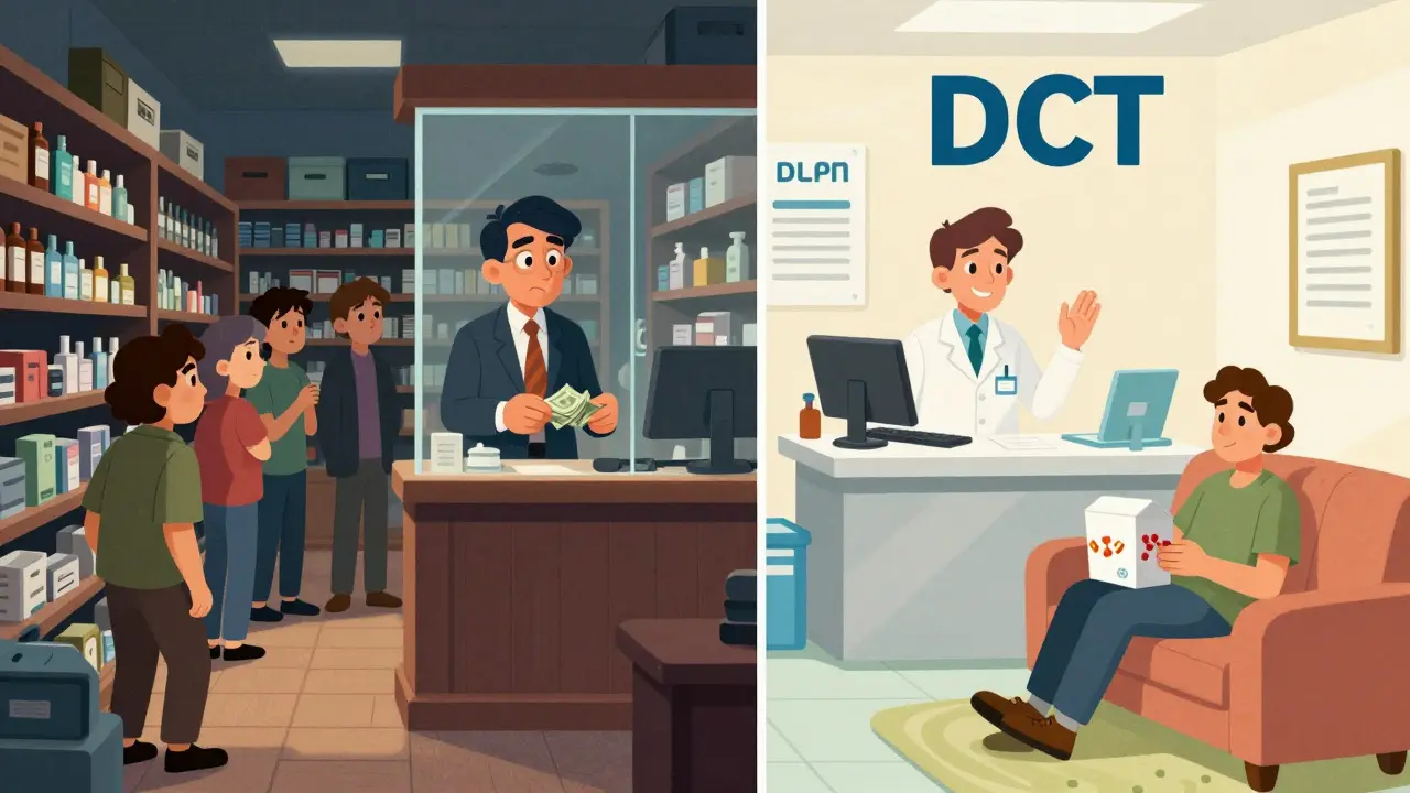 Split scene: chaotic old pharmacy vs calm modern DTC hub with pharmacist on video chat.