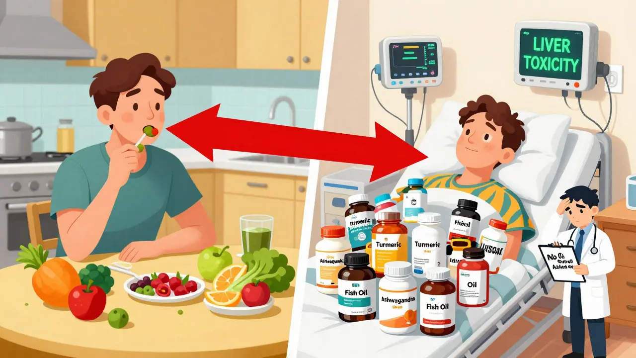 Split scene: healthy eating vs. person buried under supplement bottles leading to hospital bed with liver toxicity alert.