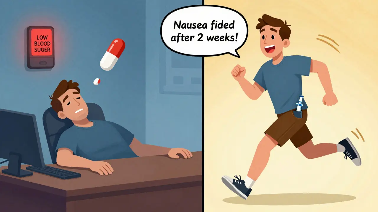 Split scene: man fainting from low blood sugar vs. jogging happily with GLP-1 injector.