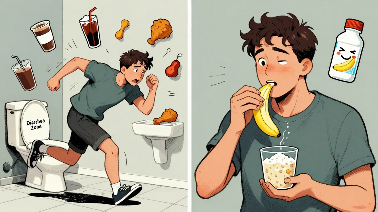 Split scene: person struggling with diarrhea vs. managing it with bland food and hydration.