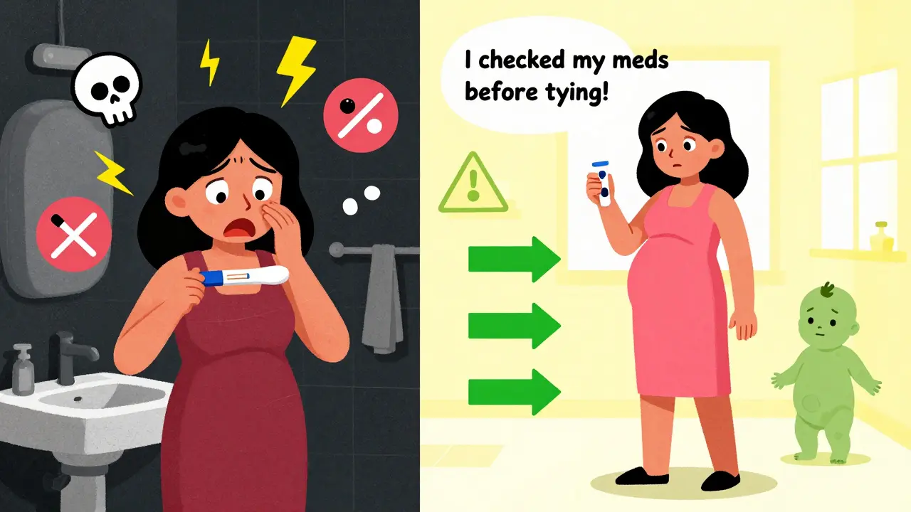 Split scene: woman panicking with pregnancy test vs. confident with prenatal vitamin and healthy baby.
