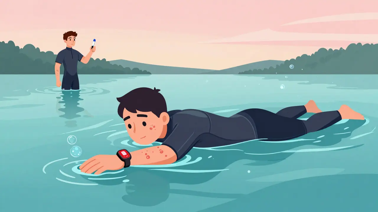 Swimmer testing cold water with one hand, wearing a warning sensor and wetsuit, friend holding EpiPen nearby.