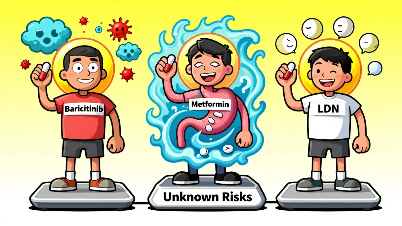Three people holding different pills, each with exaggerated side effects floating around them.