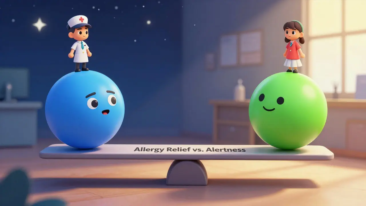 Two animated pills on a seesaw with professionals balancing alertness and relief, symbolizing personal choice.