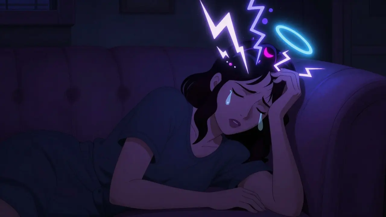 Woman in darkness with glowing migraine aura patterns radiating from her head.