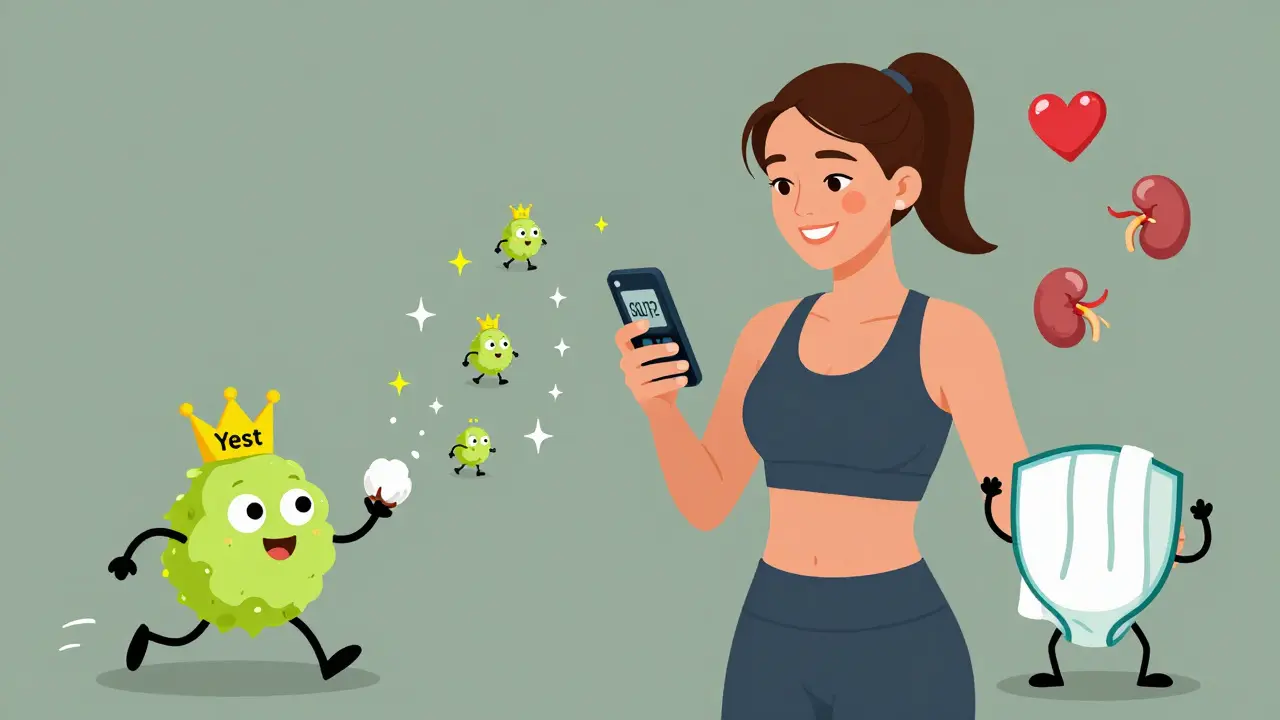 Woman with SGLT-2 inhibitor effects shown as sparkles, yeast sprite being chased by cotton underwear.