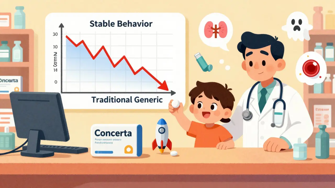 A child compares two pill rockets at a pharmacy counter, with a stability graph above and floating medical icons.