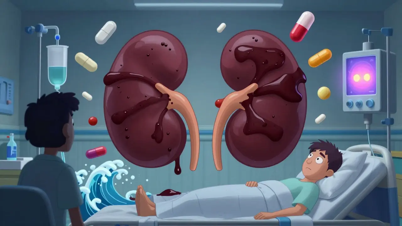A clogged kidney surrounded by drug symbols, with IV fluids flooding in and a dialysis machine in the background.