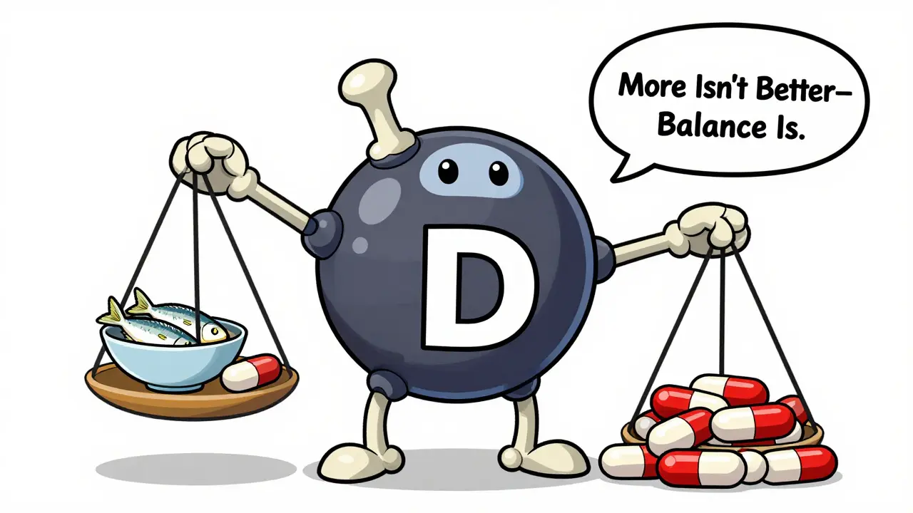 A friendly vitamin D3 robot balancing a scale with one pill and food versus ten giant pills, saying 'More Isn't Better—Balance Is.'