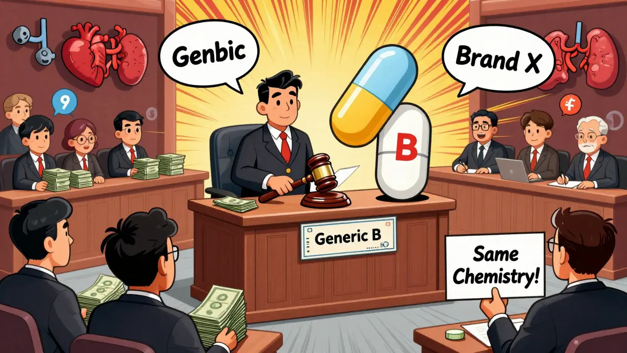 A generic pill is on trial against a brand-name pill in a courtroom filled with money and rebates.