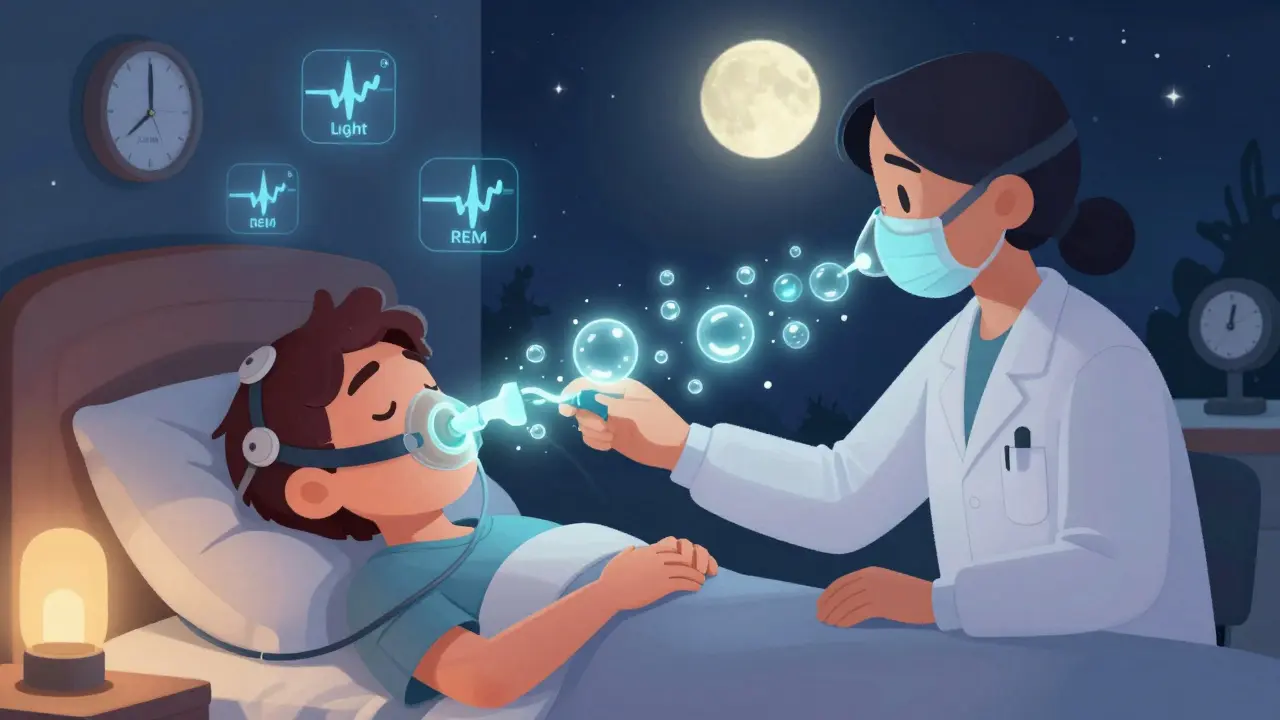 A patient receiving a CPAP mask during a split-night sleep study, with glowing air bubbles and sleep stage icons floating nearby.