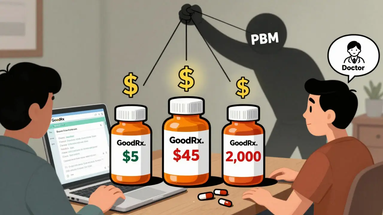 A person compares three pill bottles with wildly different prices on a laptop while shadowy forces manipulate the tiers.