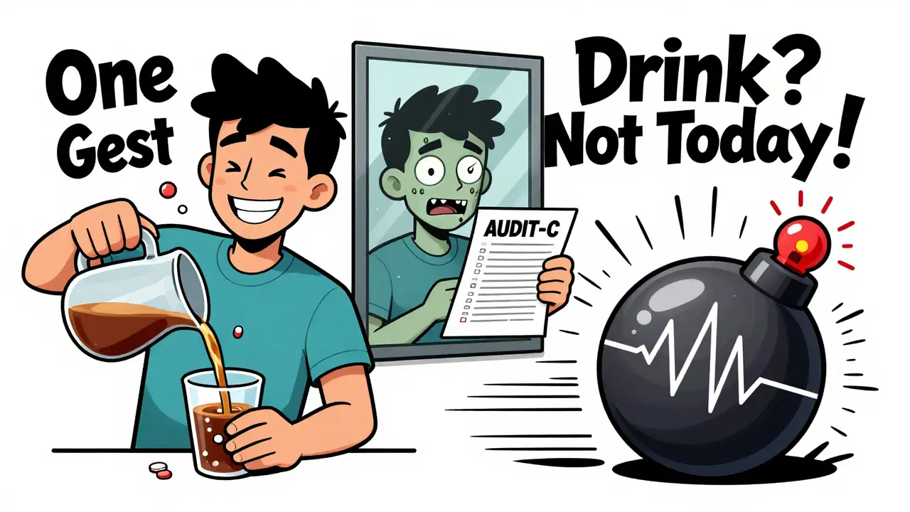 A person pours alcohol into coffee with Adderall; one side shows a ticking bomb, the other a zombie holding a test sheet, with bold warning text.