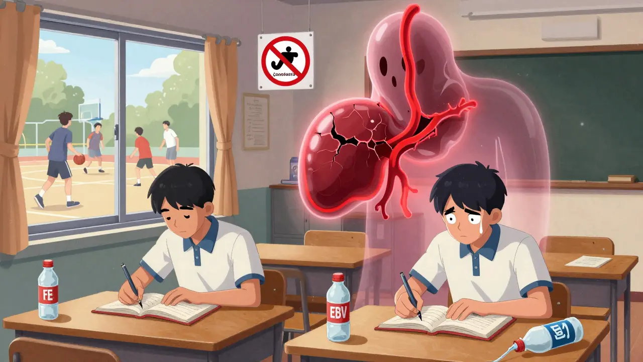 A student at a dorm desk with a glowing, cracked spleen looming behind them, warning of risk from contact sports.