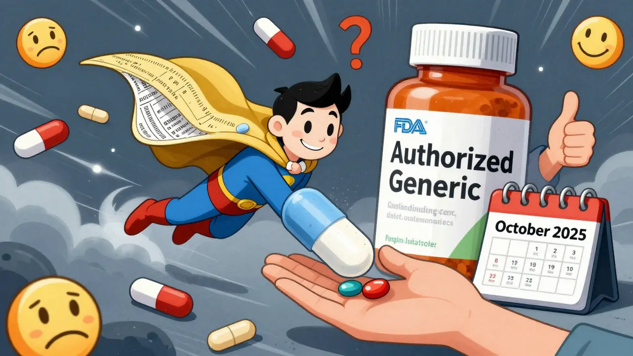 A superhero pill lands in a patient’s hand, defeating chaotic generics, while the FDA list flows as its cape.