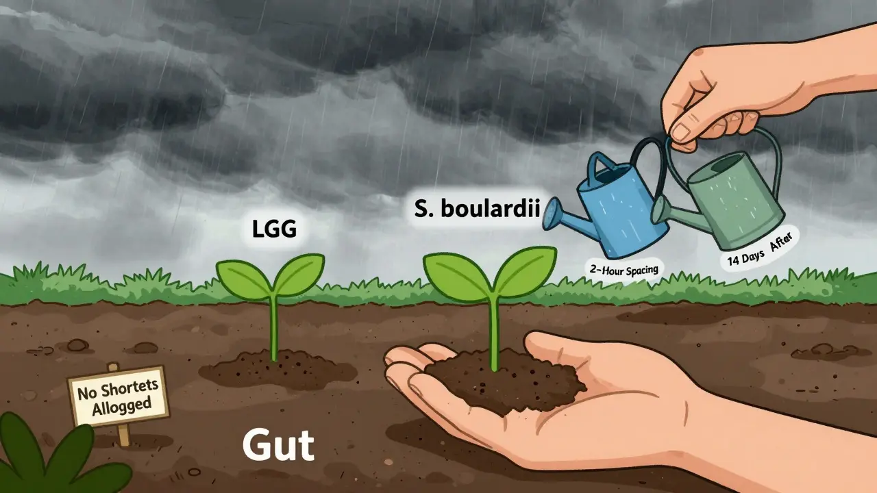Barren gut soil being replanted with probiotic seedlings, watered by labeled cans for spacing and duration after antibiotics.