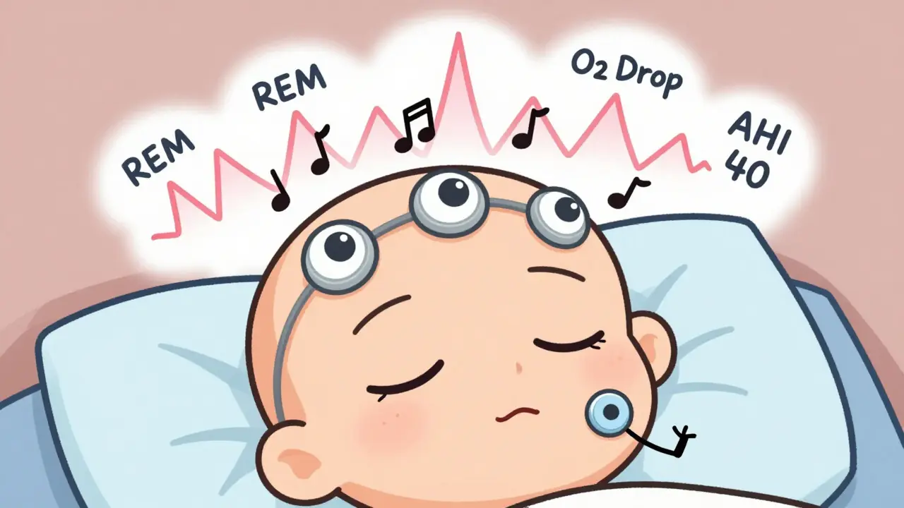 Close-up of a sleeping person’s head with cartoonish sensors tracking brain waves, eye movements, and leg jerks.