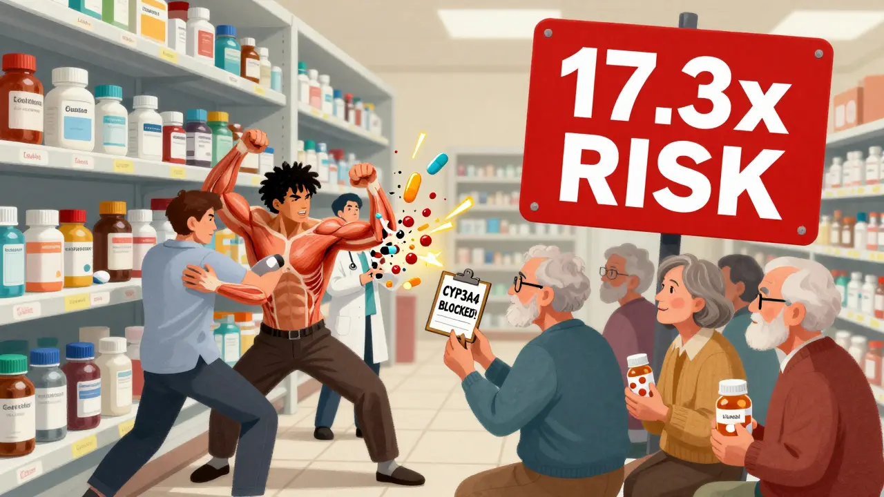 Medications fighting on a pharmacy shelf, with a warning sign and breaking muscle fibers above elderly patients.