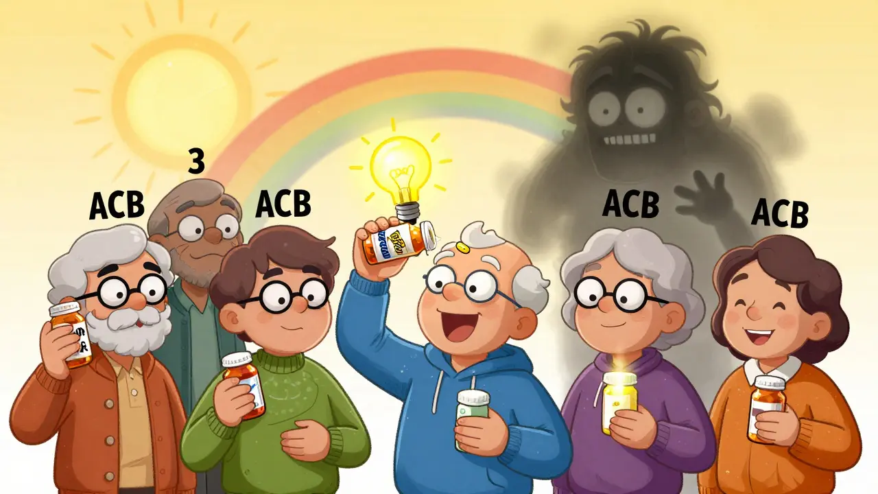Older adults replacing risky meds with safer options, ACB scores dropping as clarity returns in a cartoon style.