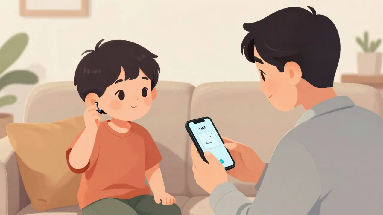 Parent conducting smartphone hearing test on child at home.