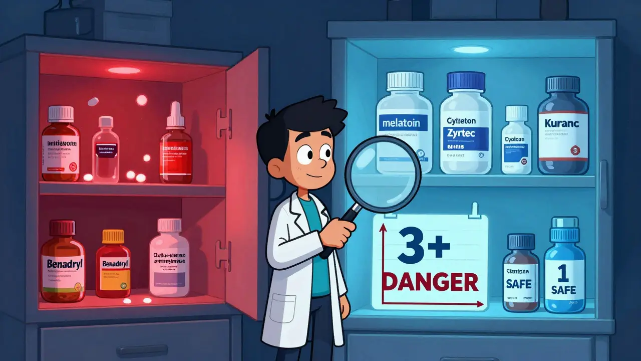 Split cartoon scene comparing dangerous anticholinergic meds with safe alternatives, with ACB scale showing danger vs safety.