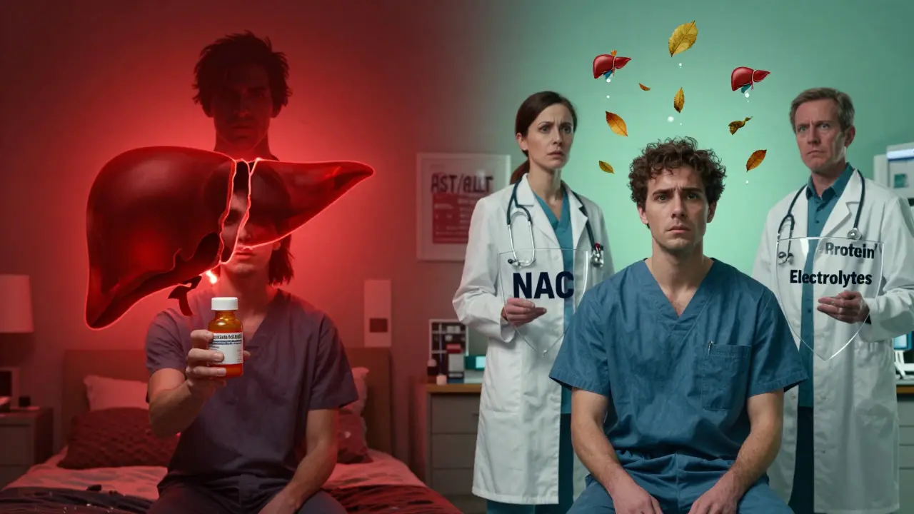 Split scene: person at home with dangerous painkillers vs. safe medical care in a clinic.