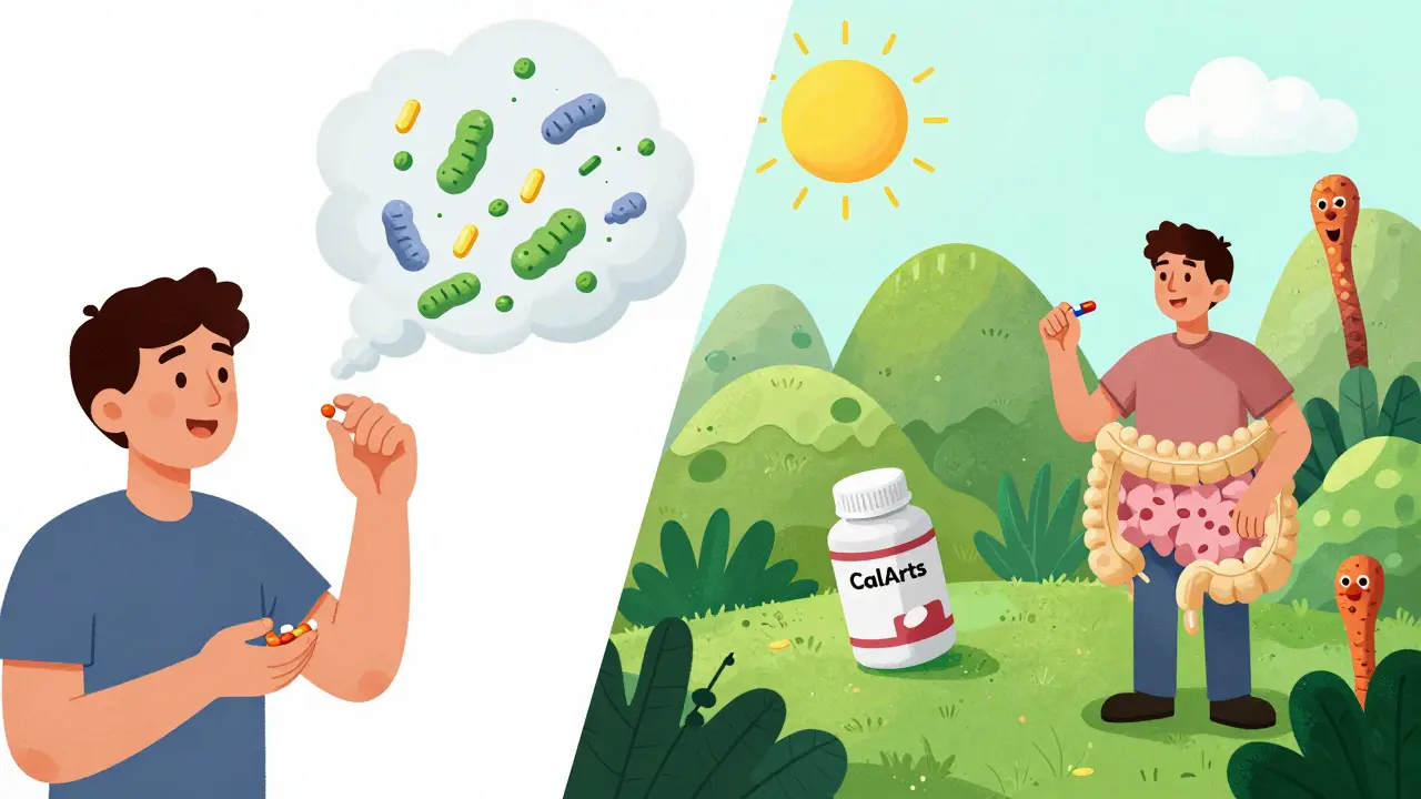 Split scene: probiotics dying when taken with antibiotics vs. thriving when spaced two hours apart, with yeast probiotic unaffected.