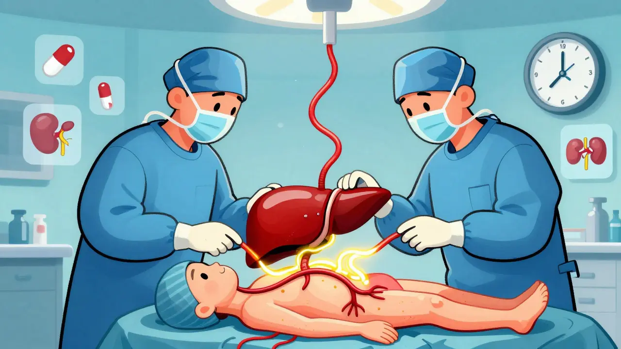 Surgeons connecting a glowing donor liver to a recipient, with floating pill icons and a clock showing surgery time.
