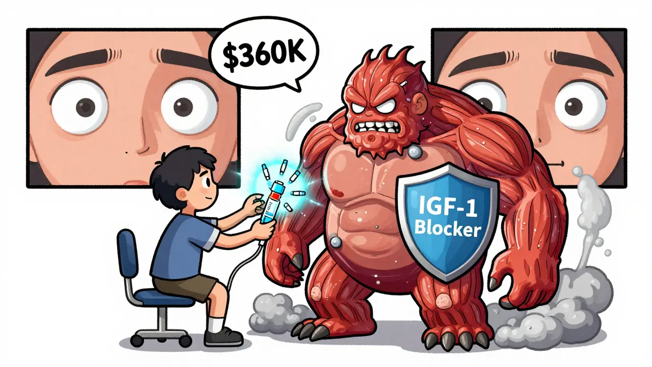 Teprotumumab treatment depicted as a superhero defeating inflammation, with before-and-after eye scenes and price tag floating.