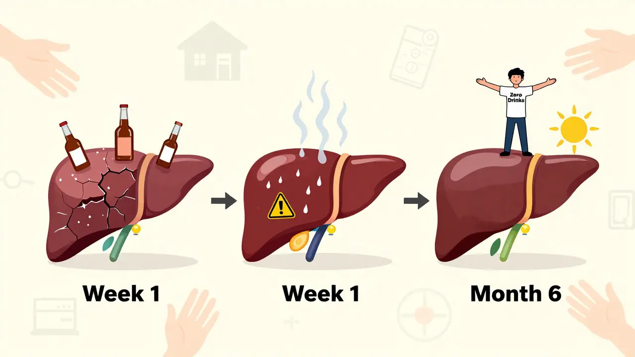 Timeline of a cartoon liver healing from damage to health over six months with supportive figures.