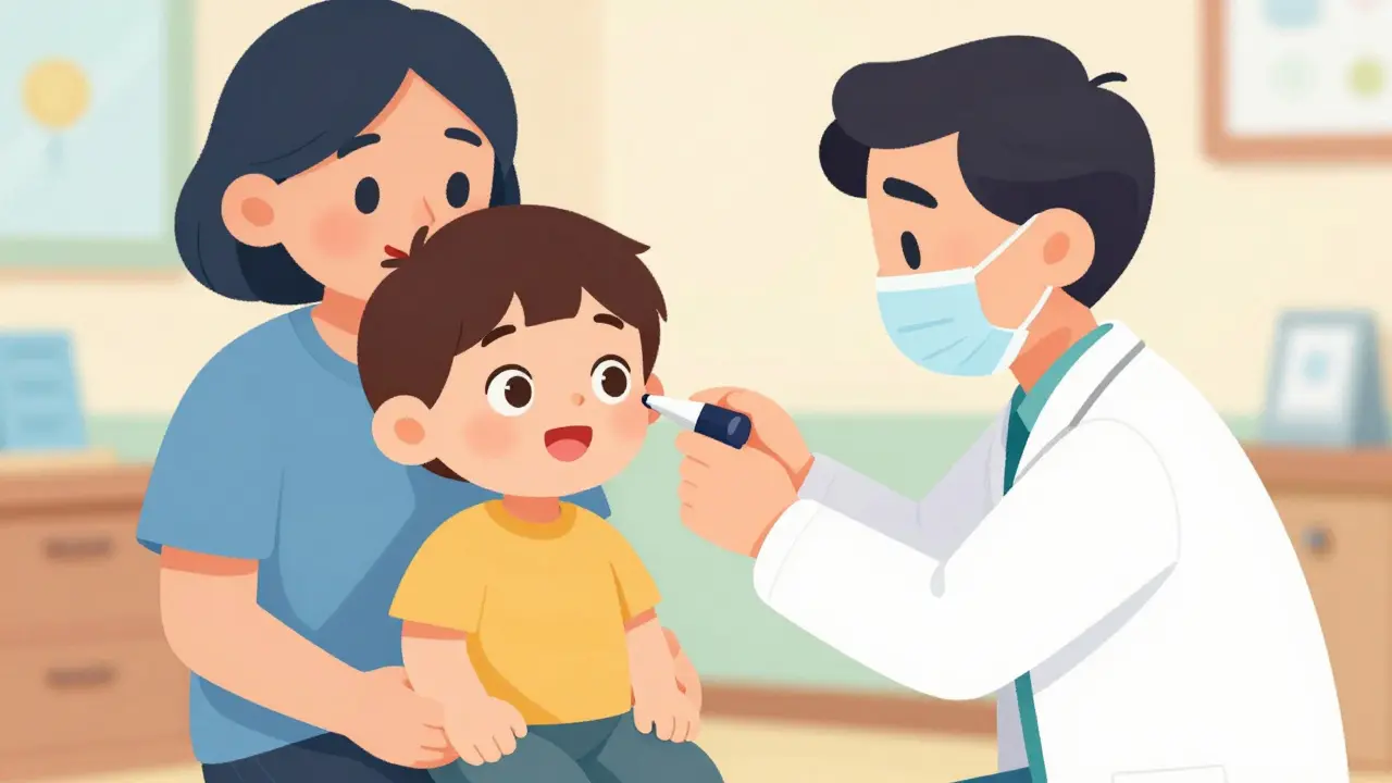 Toddler receiving tympanometry test from pediatrician in clinic.