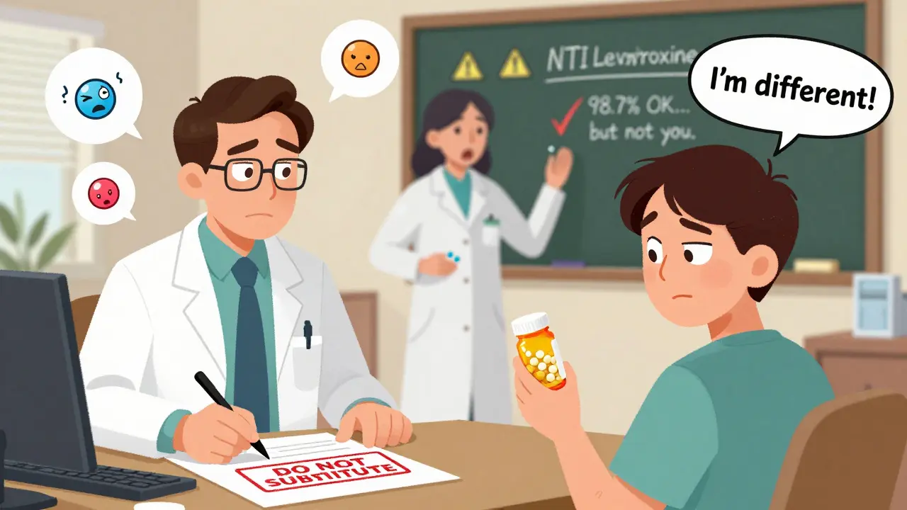 A doctor stamps 'DO NOT SUBSTITUTE' on a prescription while a pharmacist freezes mid-swap, and floating NTI drug icons nervously react to the change.