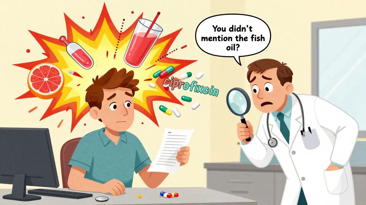 A man in a doctor’s office with an exploding chart showing dangerous drug interactions.