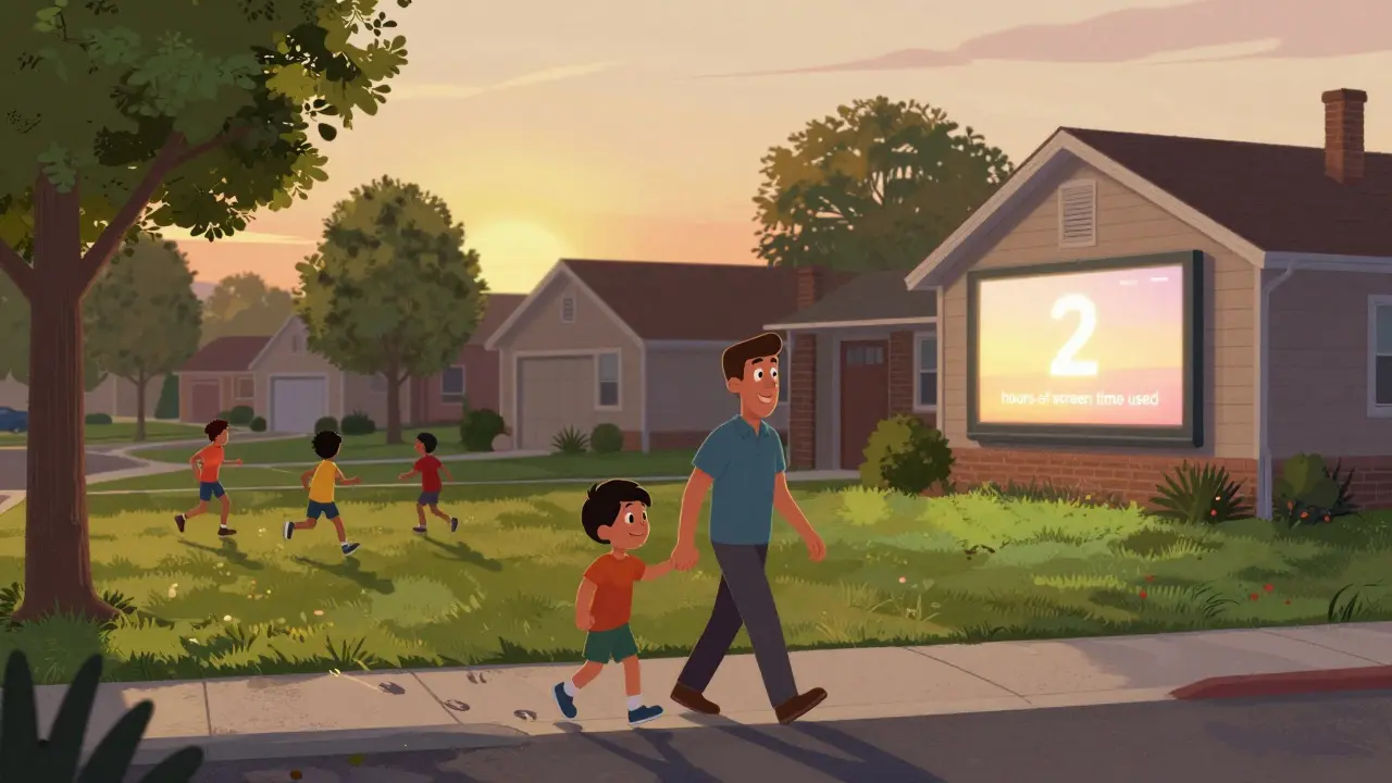 A parent and child walking after dinner, with screen time notification fading into sunset.