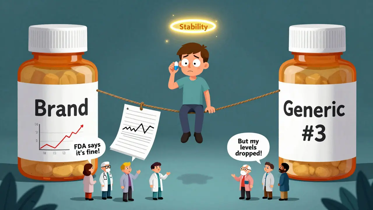 A patient walks a tightrope between brand and generic pill bottles, with medical charts below showing unstable blood levels and a flickering stability halo above.