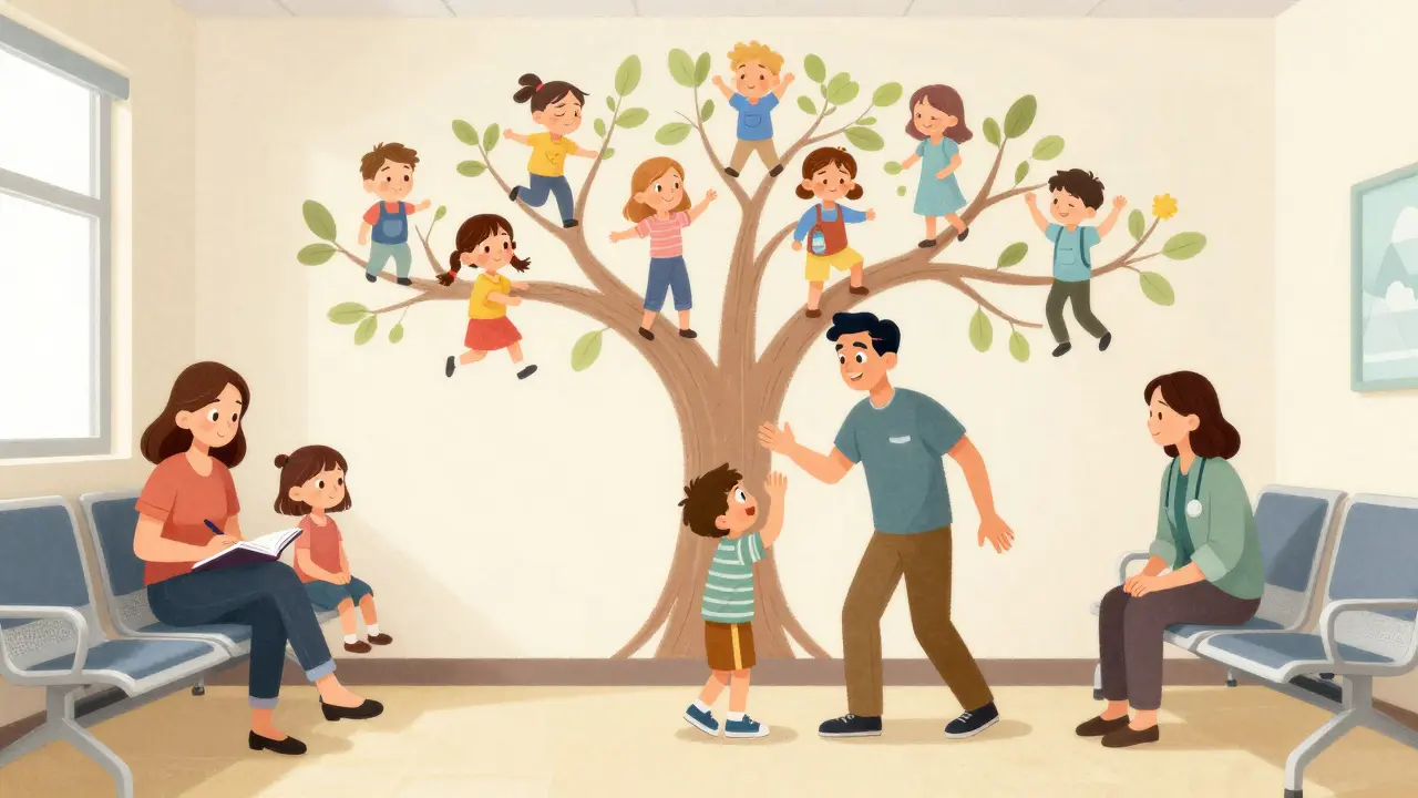 A pediatric clinic waiting room with families practicing healthy habits under a family tree mural.
