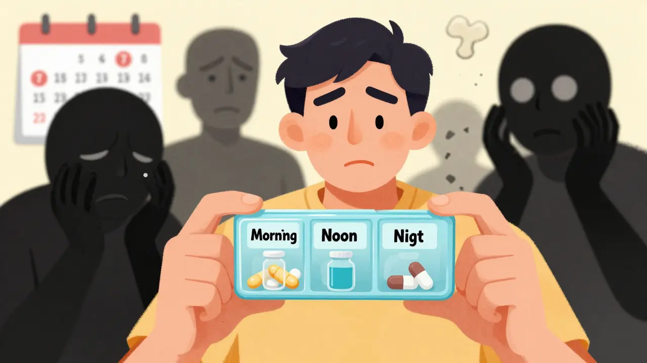 A person using a pill organizer with liquid and chewable vitamins, while shadowy symptoms loom behind, emphasizing adherence.