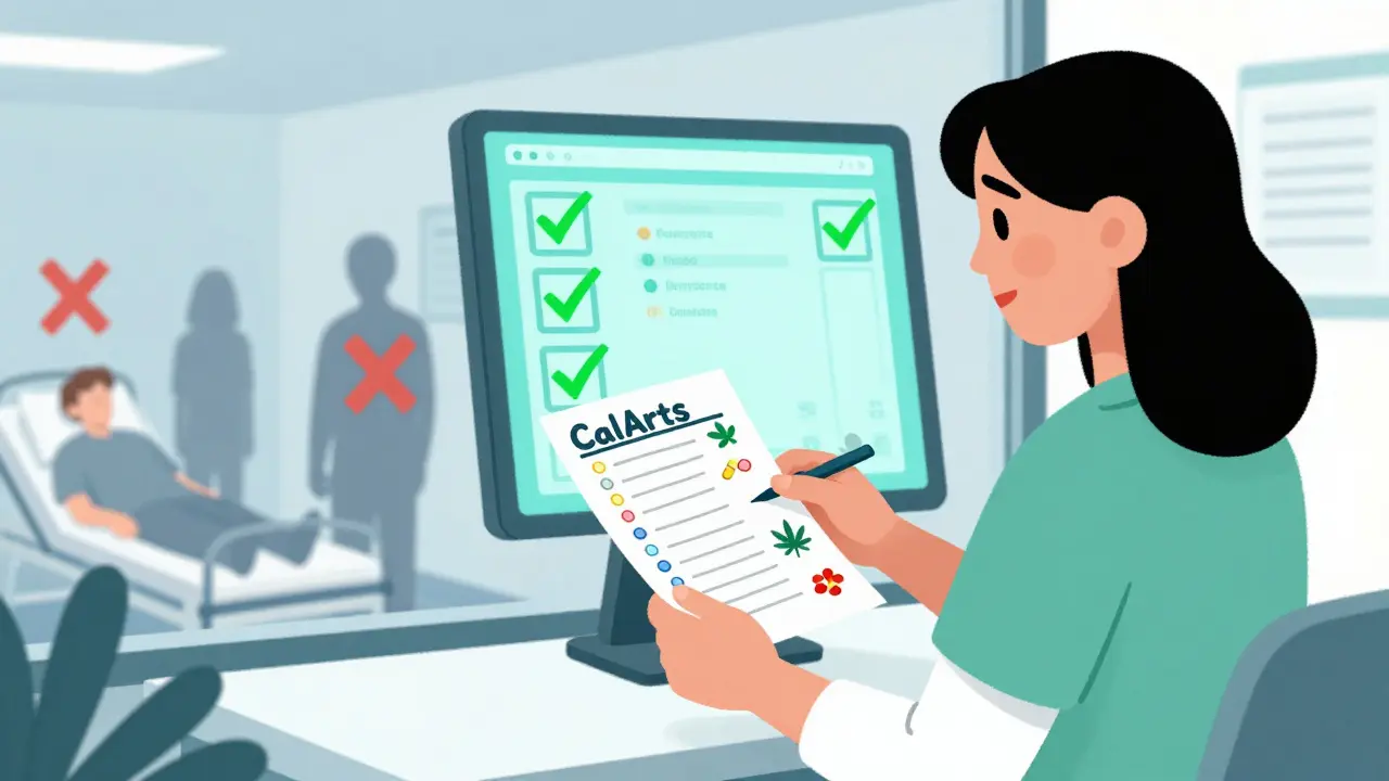 A woman giving her medication list to a pharmacist while a digital screen shows safe interactions.