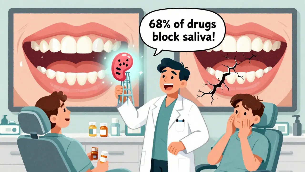 Dentist holding a giant saliva gland while a patient holds multiple medication bottles.