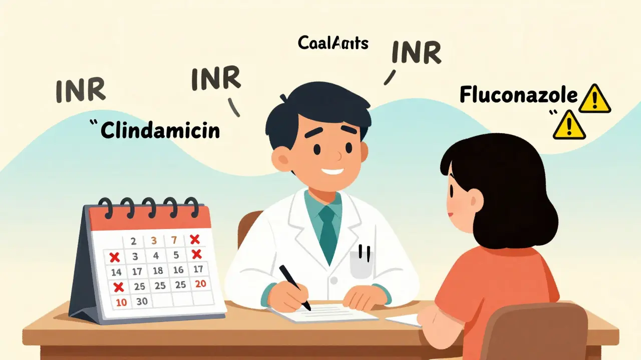 Doctor and patient reviewing calendar with INR check dates, safe and risky antibiotics floating around.