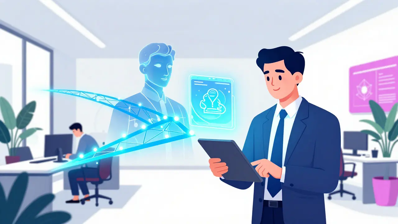 Lawyer using tablet with digital avatar and glowing nodes