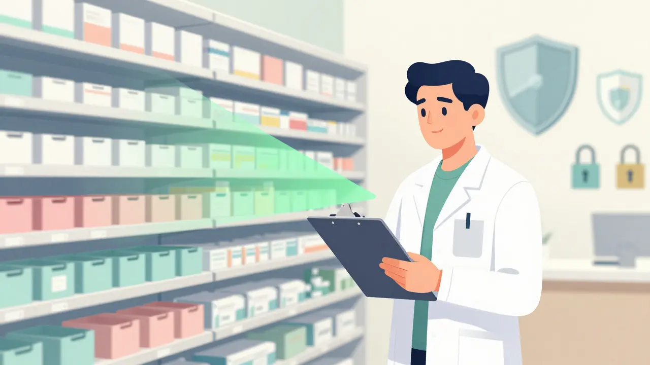 Organized medicine storage room with technician checking inventory safely