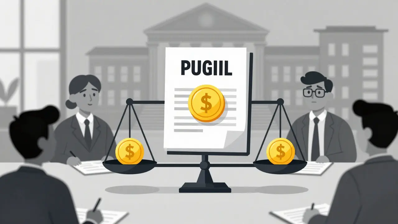 Scale balancing document folder and coin in office