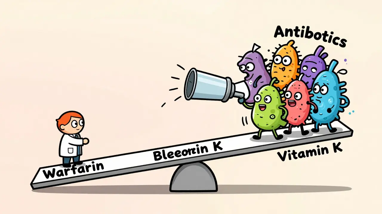 Seesaw balancing warfarin and vitamin K as gut bacteria are swept away by antibiotics.