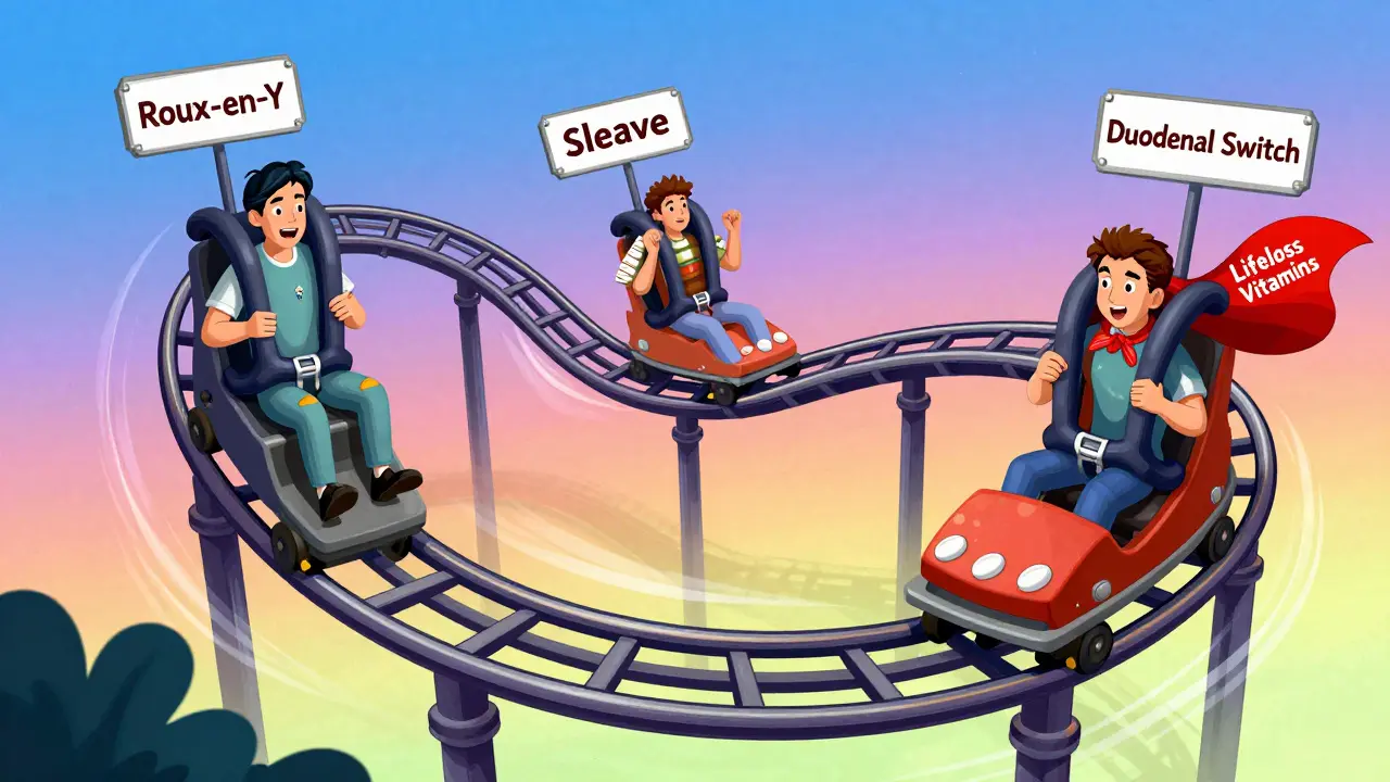 Three bariatric surgery types shown as rollercoaster tracks with vitamins as safety harnesses, symbolizing lifelong supplementation.