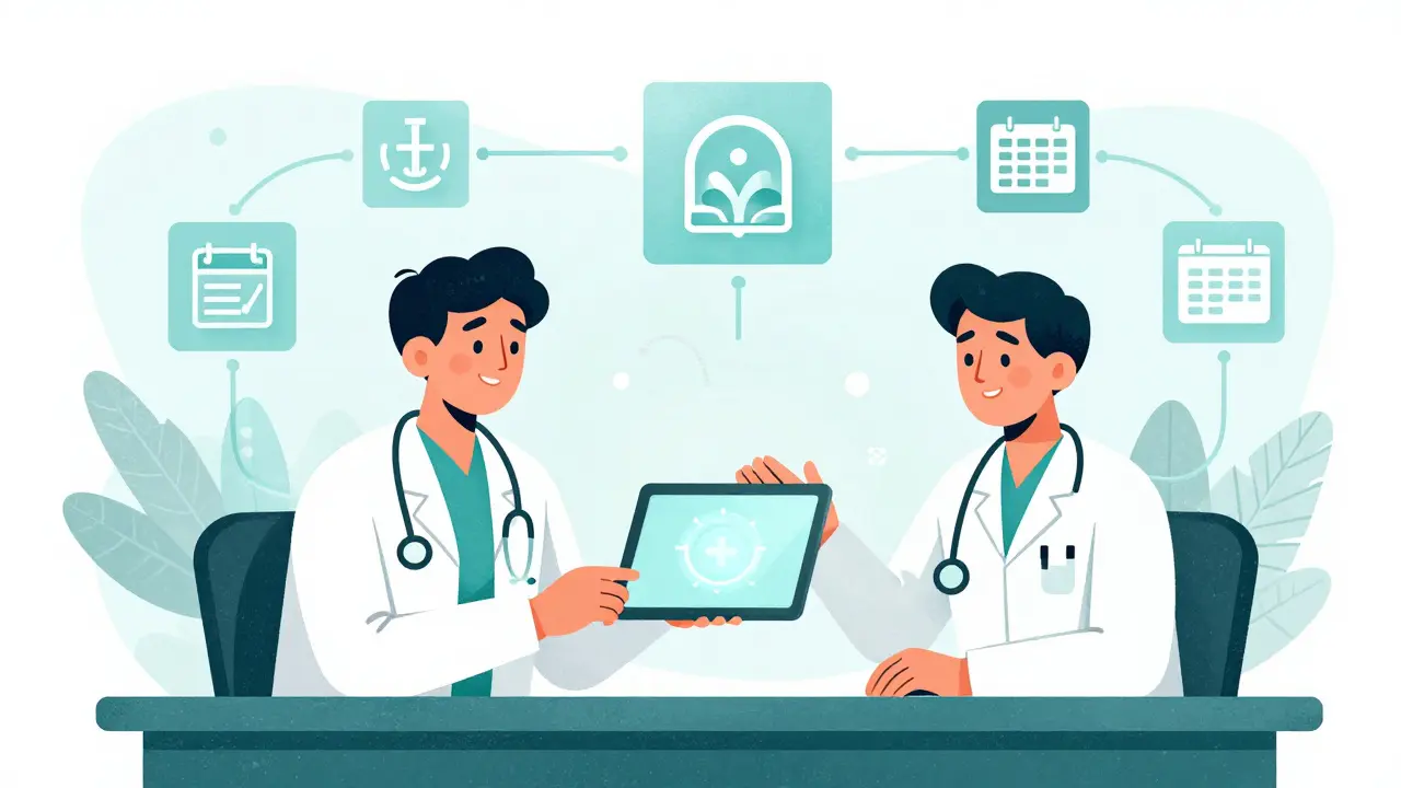 Two healthcare workers collaborating on a digital planning system