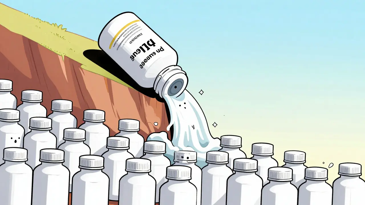 A branded medicine bottle sliding down a steep cliff toward a sea of generic bottles.
