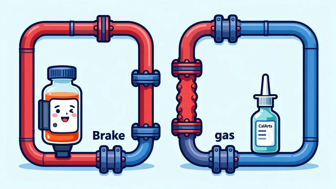A conceptual image showing the opposing effects of blood pressure meds and decongestants on blood vessels.