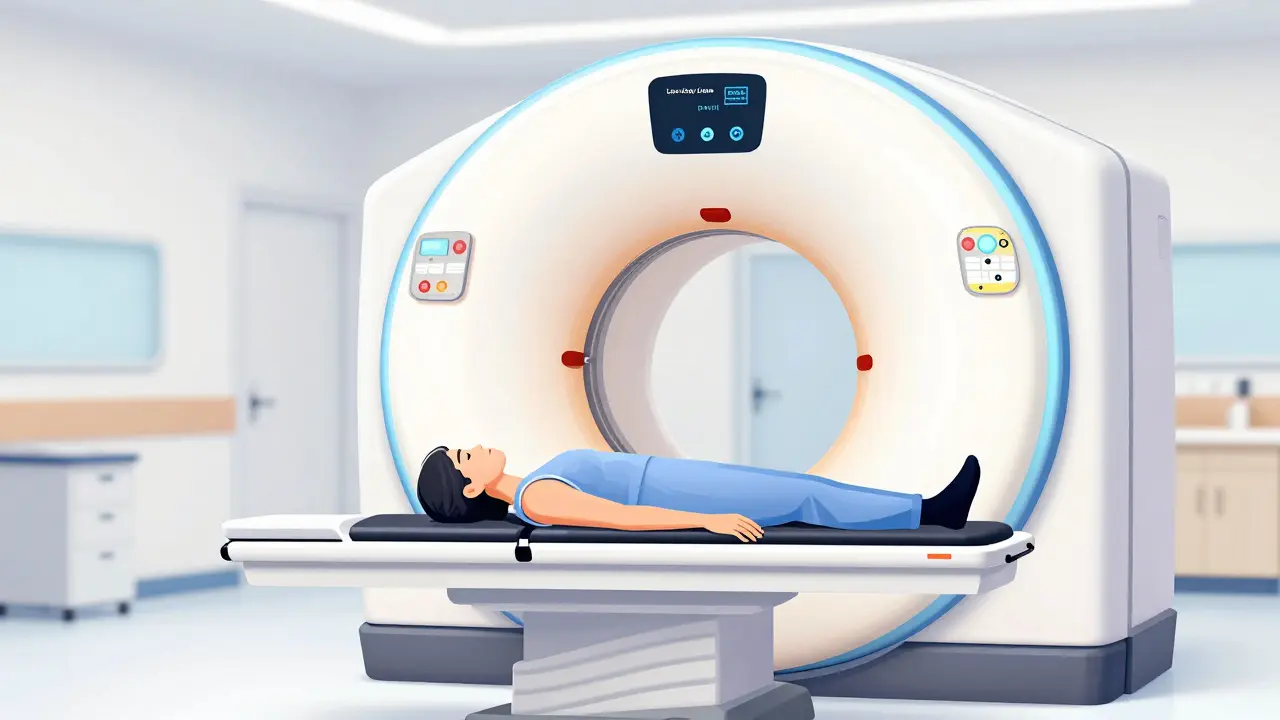A person undergoing a low-dose CT scan in a rounded, modern scanner.